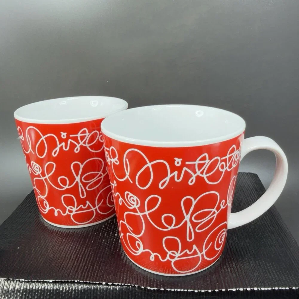 Crate And Barrel Christmas Mug Cup Jingle Bells Mistletoe Candy Cane Set 2 Mugs